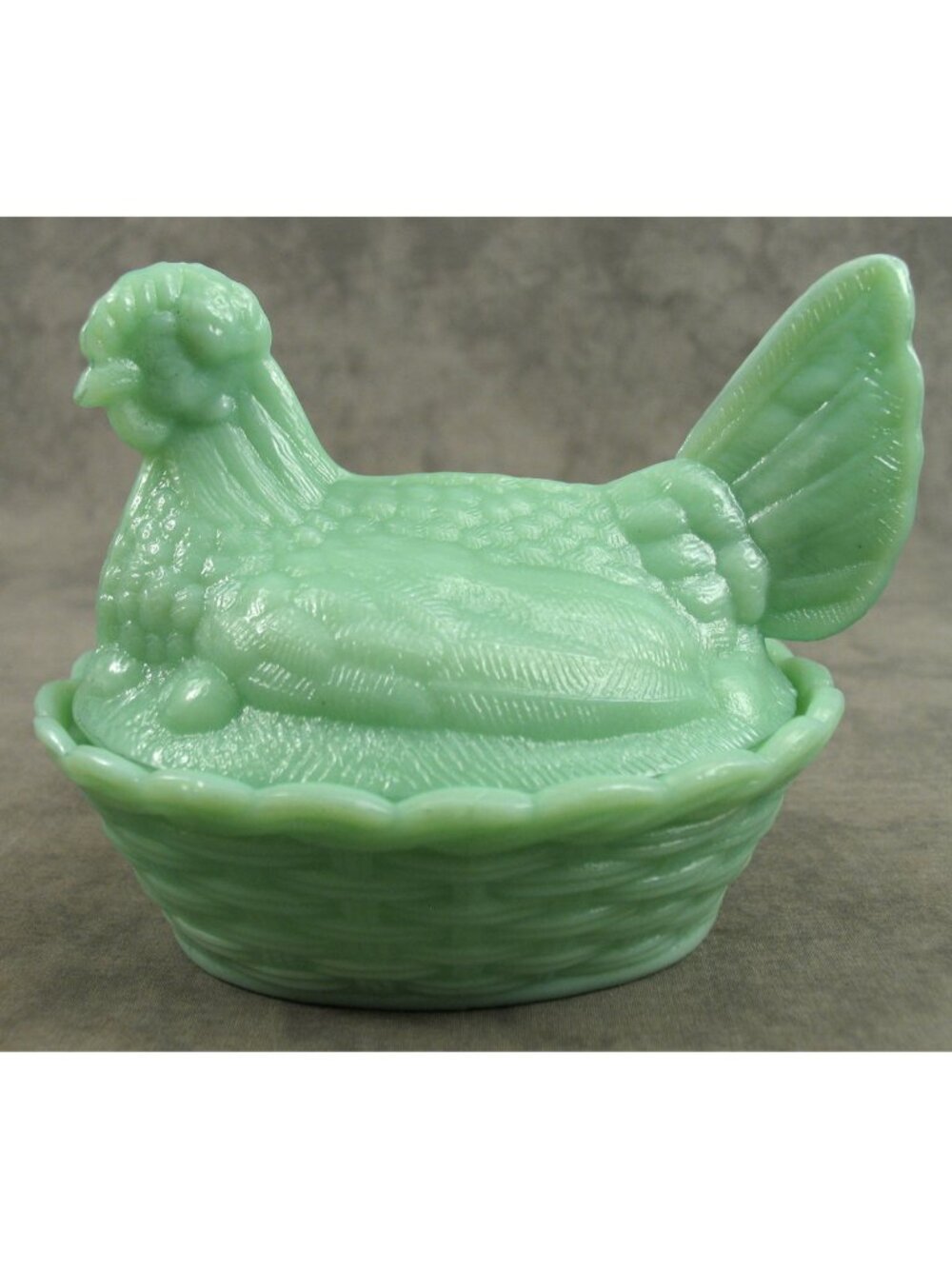 Large Jadeite Green Glass Hen on Nest Candy Dish Covered Salt Cellar 6"